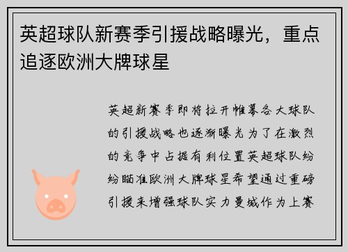 英超球队新赛季引援战略曝光，重点追逐欧洲大牌球星
